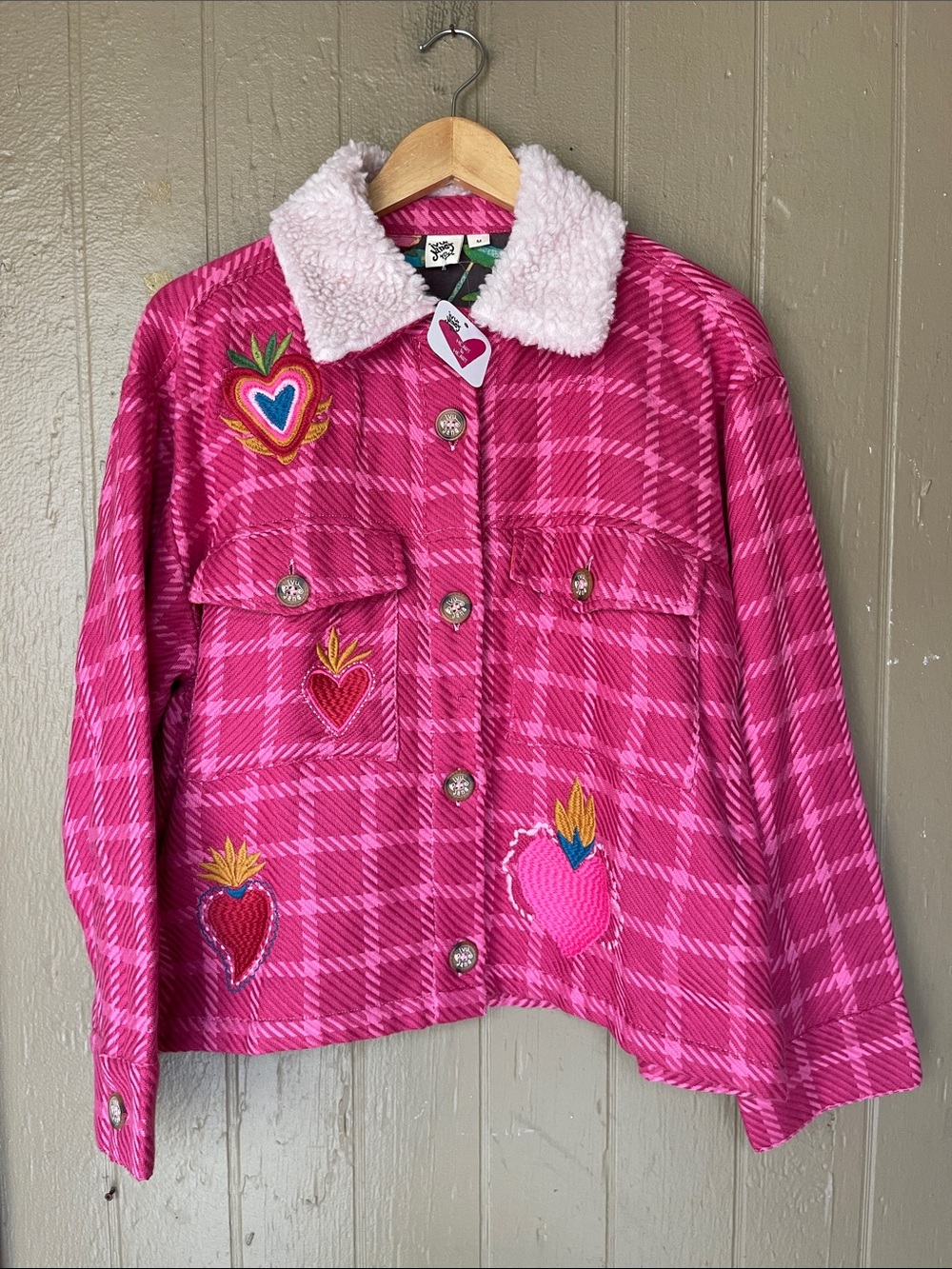 Ivy Jane Flaming Heart Plaid Sherpa Collar Jacket in Pink Size M